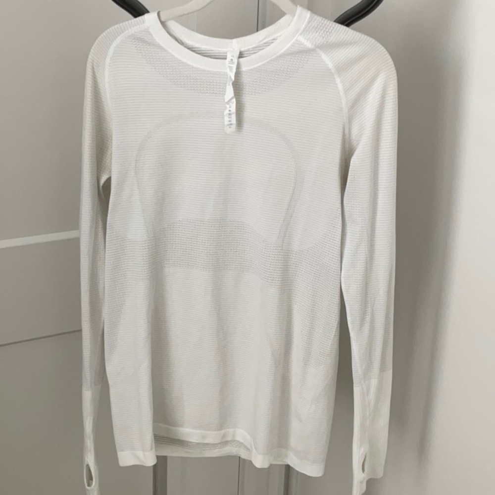 Lulu Lemon, long sleeve shirt, size 10.  Gray and white stripe